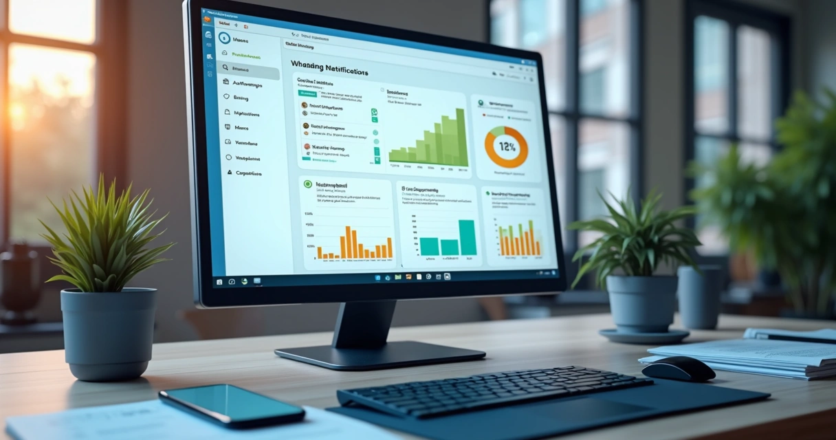Tela de computador mostrando painel de notificações inteligentes com gráficos, mensagens automáticas por WhatsApp e e-mail em fundo moderno
