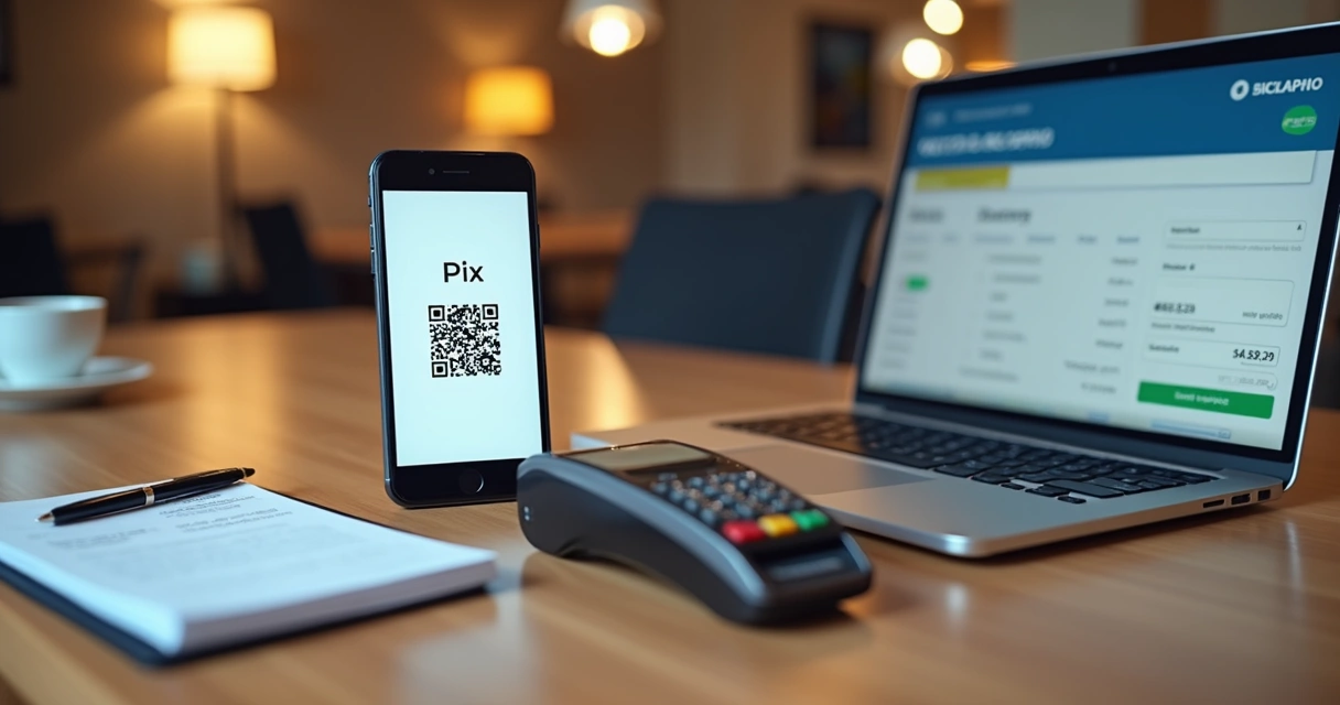 Mesa com dispositivos digitais mostrando opções de pagamento como cartão, Pix, boleto e transferência bancária