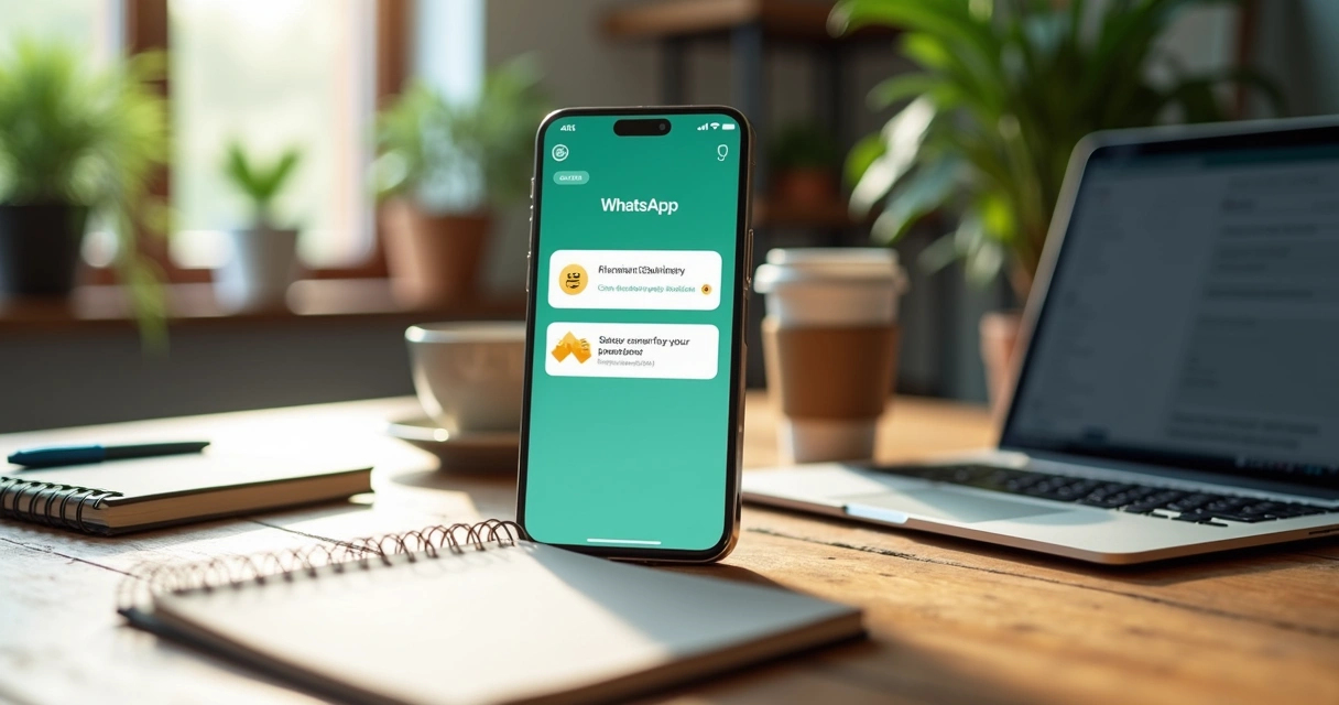 Tela de smartphone exibindo mensagem de lembrete de pagamento via WhatsApp em ambiente de escritório moderno