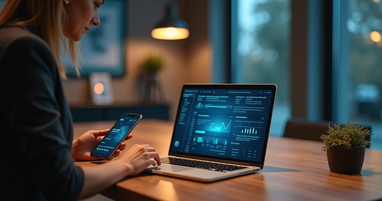 Mesa com laptop mostrando notificações de pagamento e gráfico de erros comuns visíveis na tela, com uma pessoa usando smartphone ao lado, ambiente de escritório moderno e iluminado
