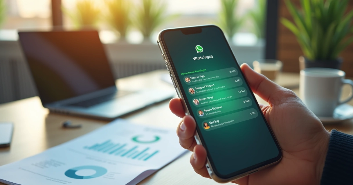 Smartphone exibindo mensagens automáticas no WhatsApp com ícones de notificação de pagamento e ambiente de escritório moderno ao fundo